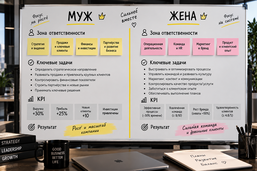 Офисная доска, разделенная надвое яркой линией: слева прописана зона ответственности и KPI мужа, справа - зоны ответственности жены